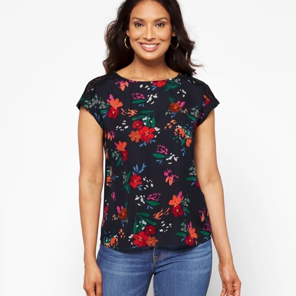 FORTUNE + IVY Allison Mixed Material Blouse‎ Navy S NWT STITCH FIX